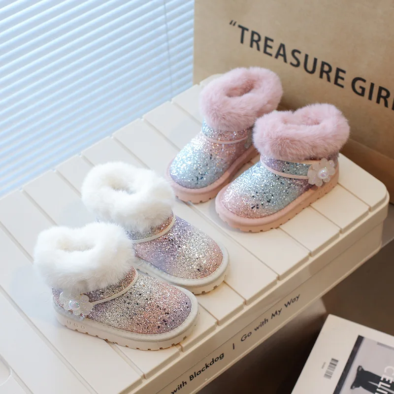 

Kawaii Girl Snow Boots Autumn Winter New Children Cotton Shoes Velvet Keep Warm Plus Velvet Princess Children's Shoes