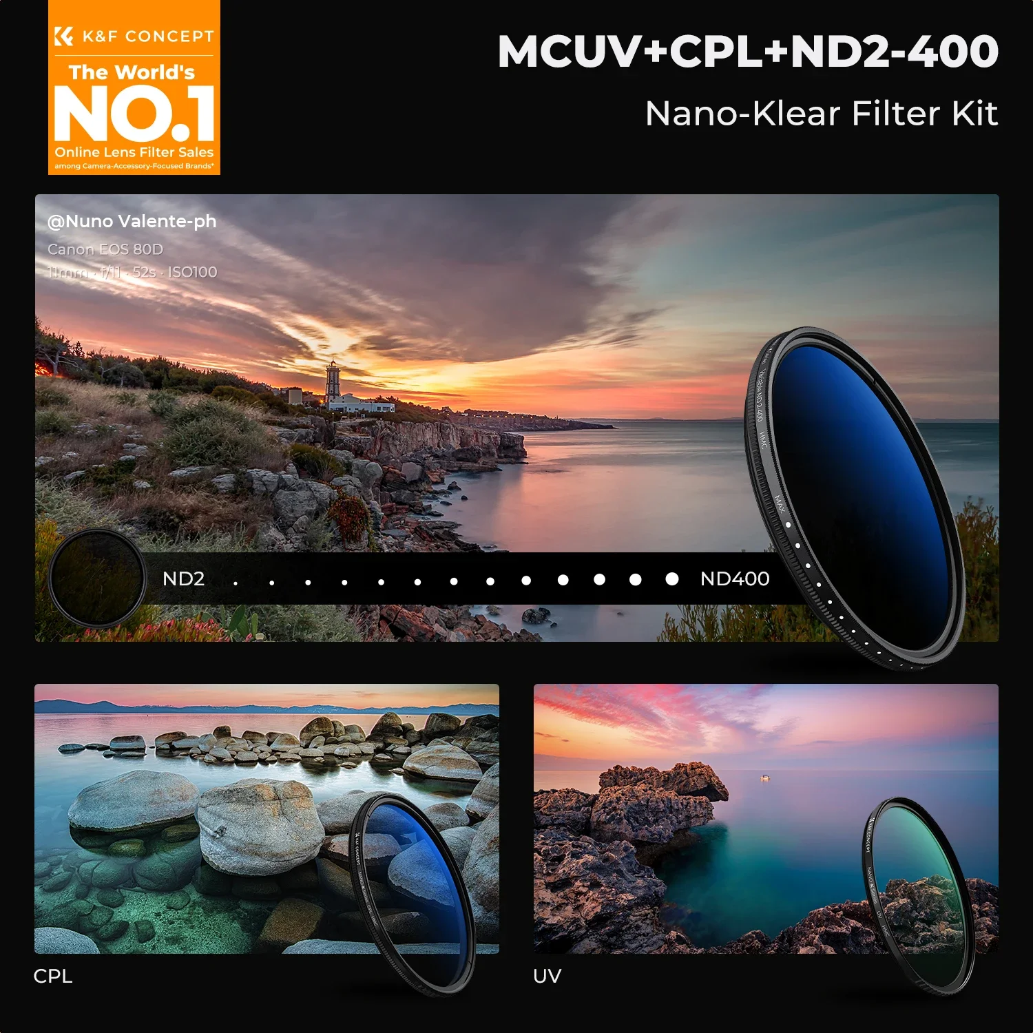 K&F CONCEPT K-Serie 49-82mm Filter UV/CPL/ND2-400/Black-Mist 1/4 Kappe Reinigungstücher Kameraobjektiv-Filterset für Nikon Canon Leica