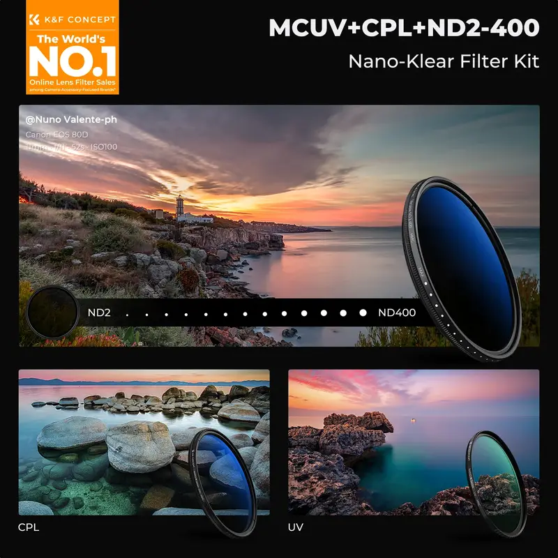 K&F CONCEPT K Series 49-82mm Filters UV/CPL/ND2-400/Black-Mist 1/4 Cap Clean Cloths Camera Lens Filter Set for Nikon Canon Leica - Image 2