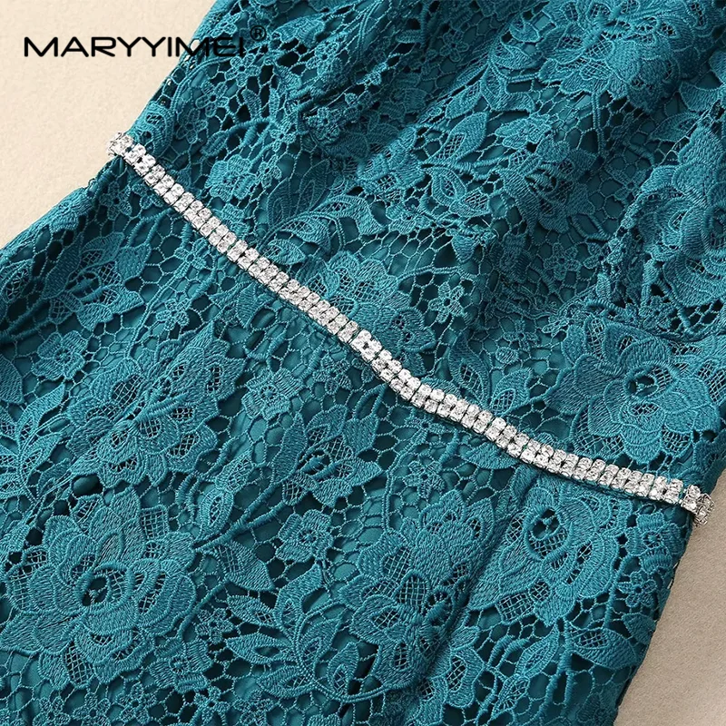 MARYYIMEI Fashion Design Women\'s Dress Summer Short-Sleeved High Waiste Diamond Chic Lace Hollow Out Vintage Solid Color Dresses