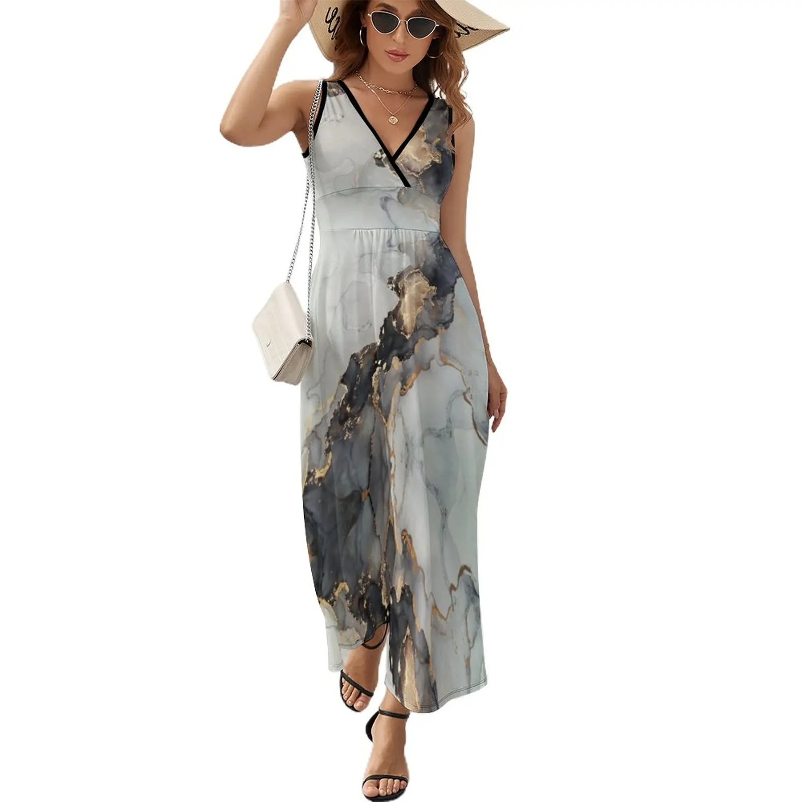 

Black White Gold Marble Dress Kawaii Maxi Dress V Neck Graphic Bohemia Long Dresses Street Fashion Oversized Vestido