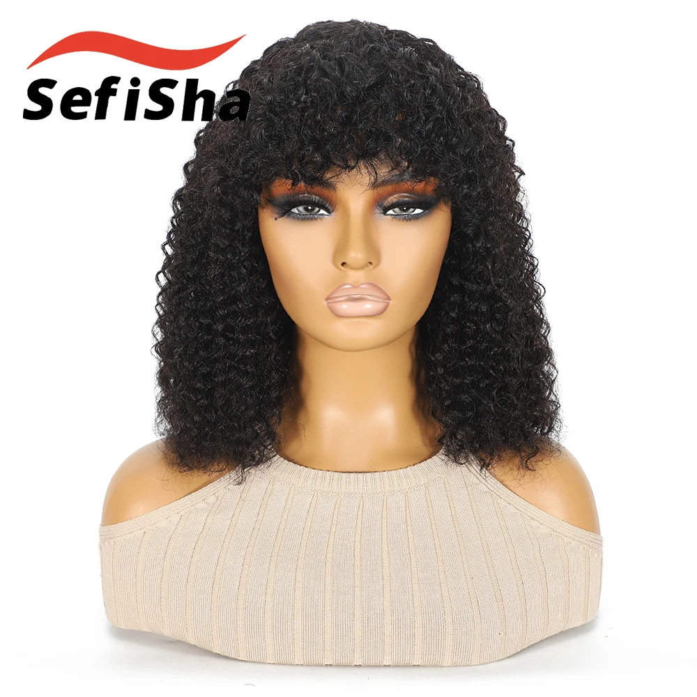 Wig Rambut Manusia Keriting Bob Pendek 14 Inci dengan Poni, Kepadatan 200%, Tanpa Renda Depan, Wig Wanita Hitam Alami