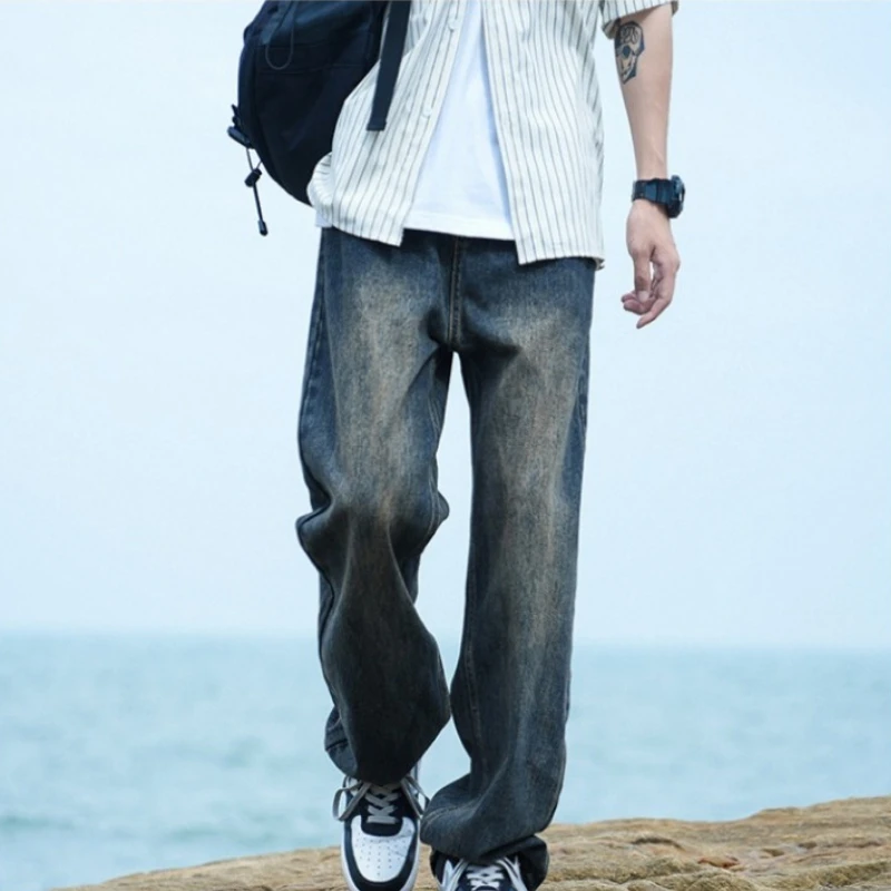 Men Denim Pants Wide Leg Jeans Casual Trouser Loose Man Clothing Trend Vintage Streetwear Straight Leg New Thin Solid Blue