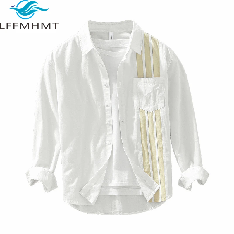 

2417 Spring Fashion Men's Striped Patchwork Streetwear Shirt Youth Classical Thin Premium 100% Cotton Loose Casual Lapel Blouses