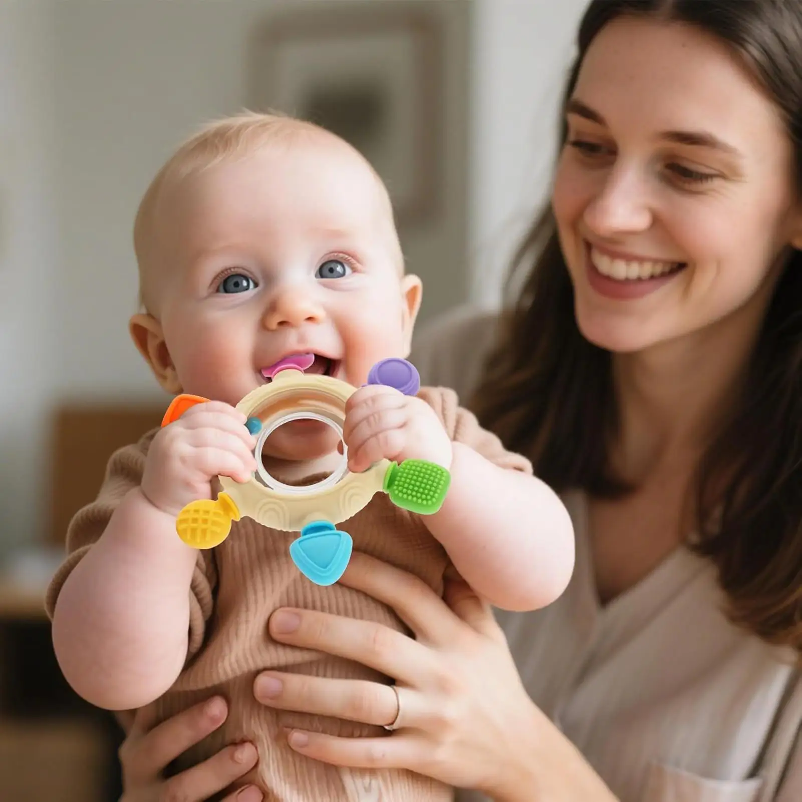 Baby Teething Rings Sensory Baby Teether Pacifier Rattle Sensory Teether Relief Rings Rattle For Sleeping Daycare Travel Boy