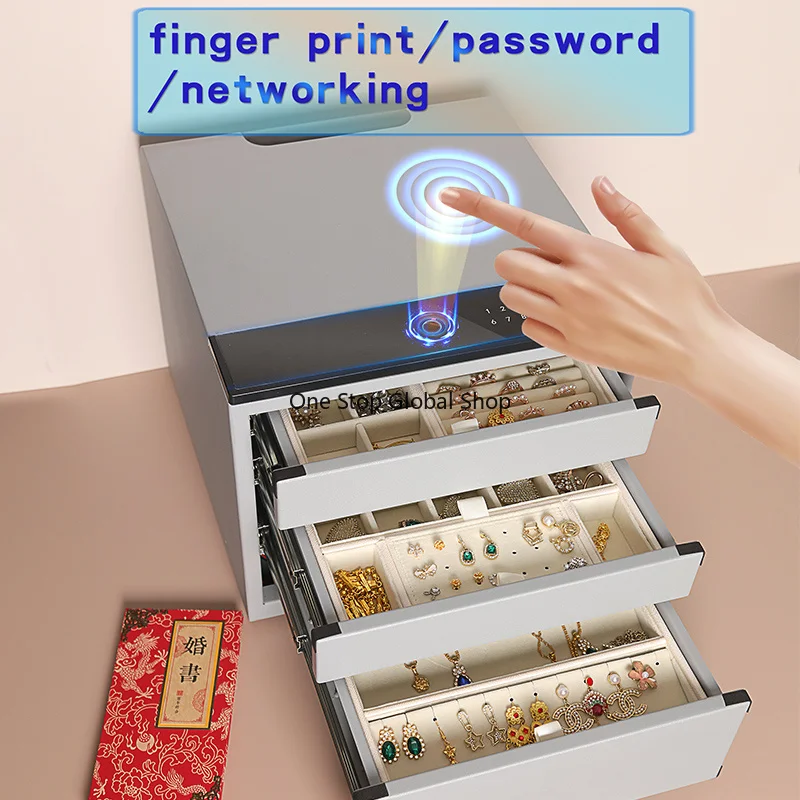 Fingerprint Password Secured Safe Storage Box Jewelry Safe Box for Home with Networking Multi-Drawer Organizer for Present