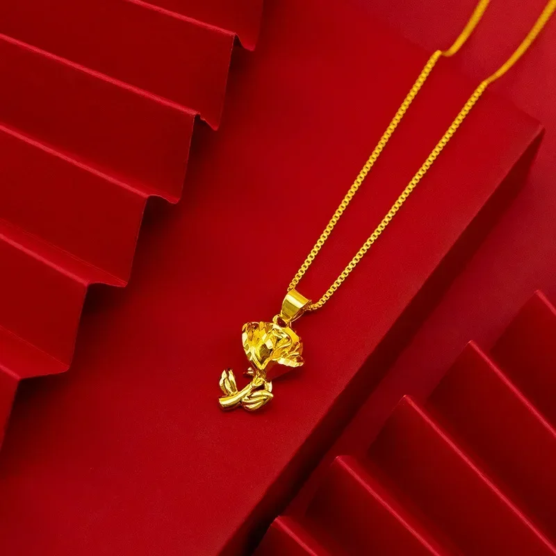 

9999 Real Gold 24K Japan and Korea Fashion Rose Clavicle Women's Necklace Pendant Rose Flower Necklace Pendant