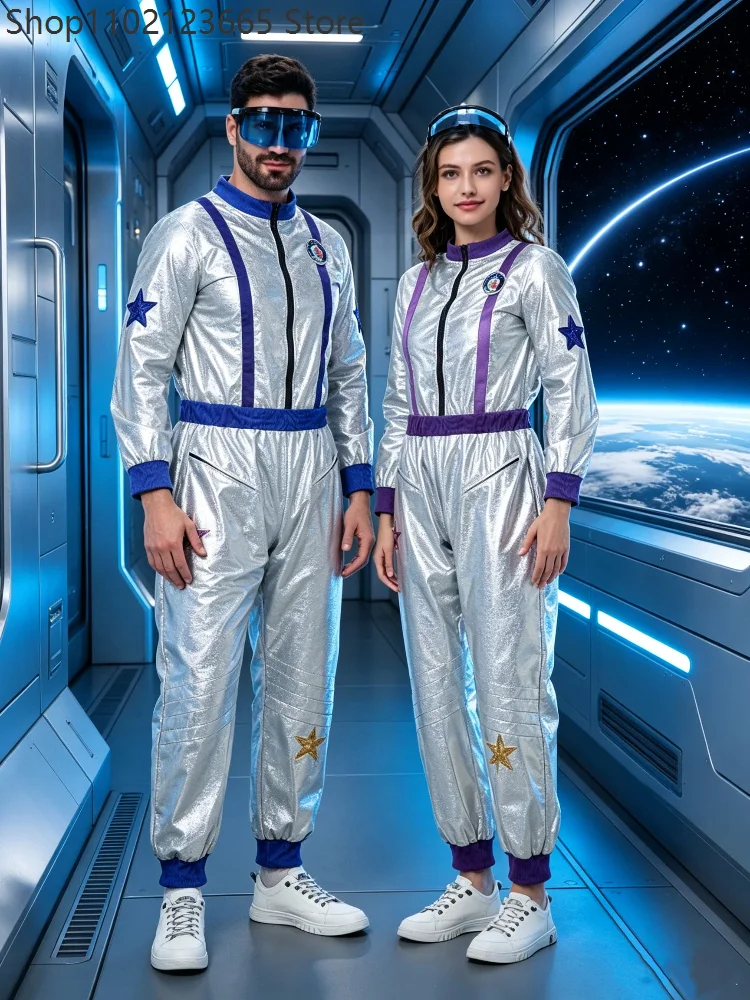 Couple Shiny Silver Spaceman Spacesuit Cosplay Costume Star Patch Design Music Festival Stage Show Masquerade Halloween Outfit
