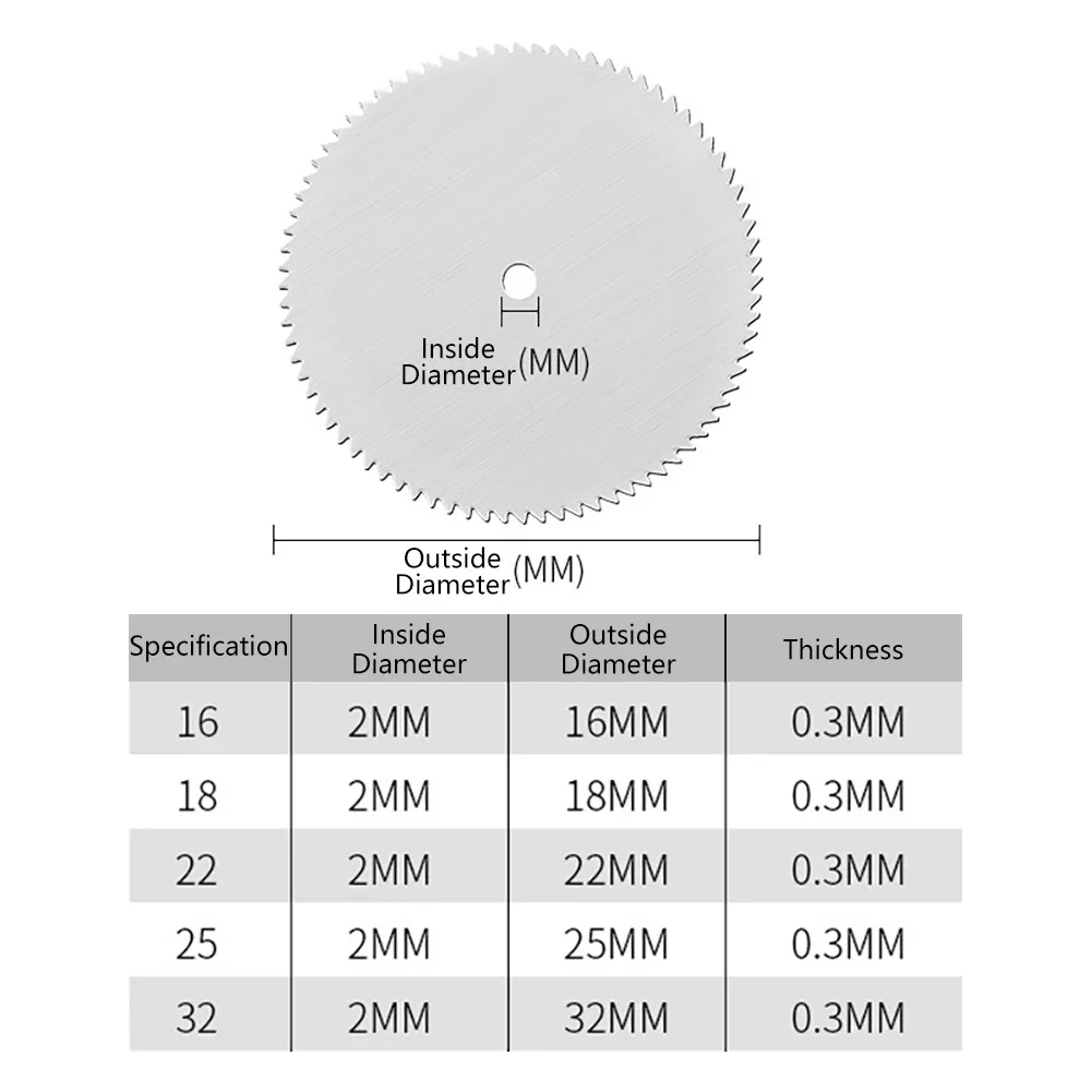 회전 도구용 2.35mm 맨드릴 스테인레스 스틸 커팅 디스크 커터가 포함된 5개 미니 원형 톱날 세트 - 16/18/22/25/32mm