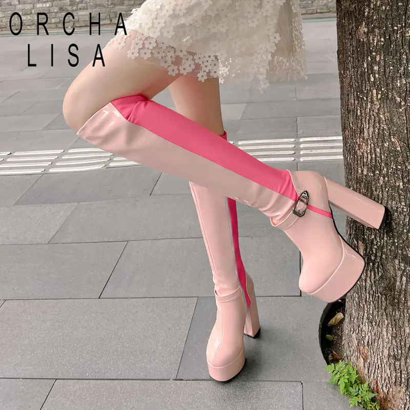 ORCHA LISA Brand Luxury Platform Block High Heels Patent Leather Knee Boots Color Zipper Big Size 42 43