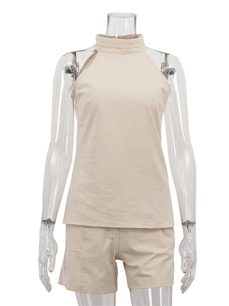 Tossy Commuting Two-Piece Shorts Set For Women Sleeveless Solid 2025 New Halter-Neck Top And High-Waisted Shorts Two-Piece Set