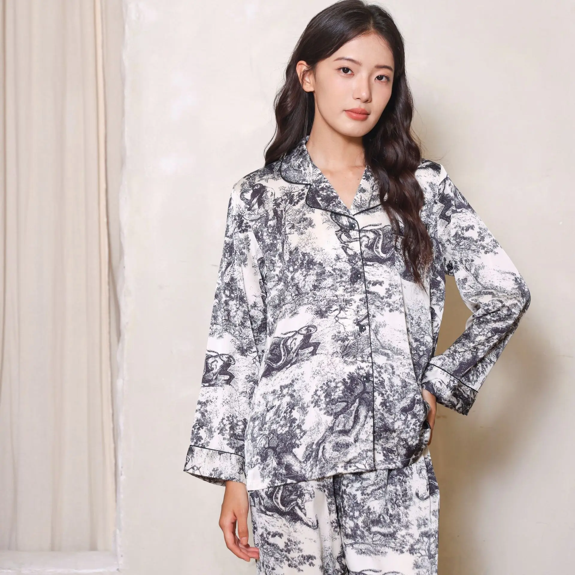 

Fashion Dyeing Printed Pajama Set Long Sleeve Collar Top Straight Pants Spring Autumn Two Piece Set Casual Loose Home Clothes