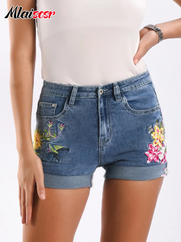 

Mlaiscsr 3D Flowers Embroidery Mid-waist Stretch Blue Jeans Women Summer Denim Shorts Sexy Night Club Beach Streetwear Bottoms