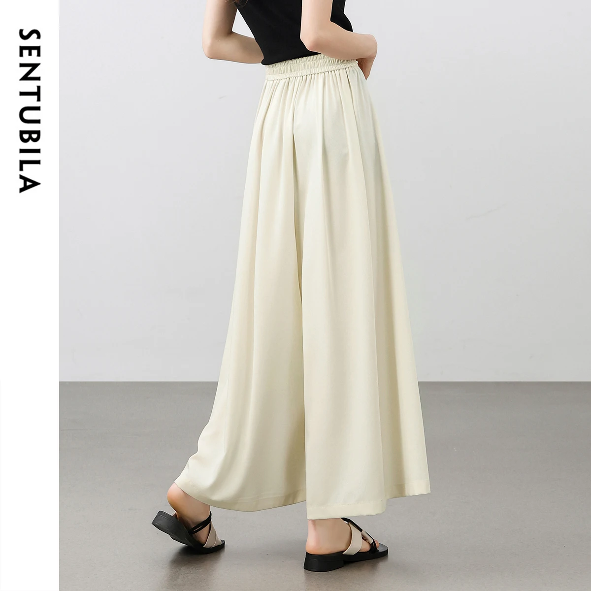SENTUBILA A-line Pants Skirts Women 2025 New Casual Wide Ankle-length Elastice High-waist Folds Ladies Trousers 152K59347