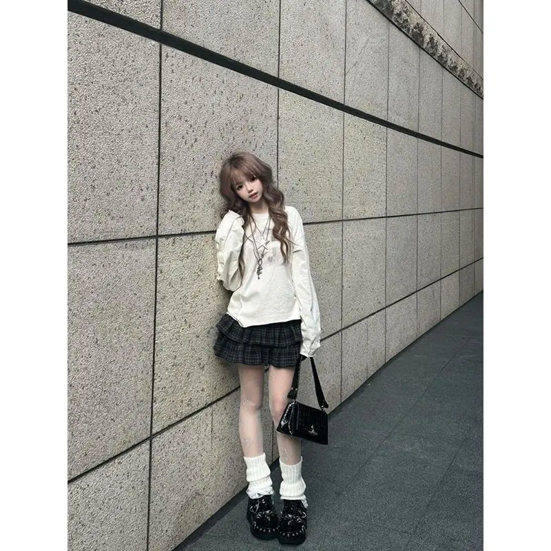 Pure Desire Spice Girl Splicing T-shirt met lange mouwen Dames Herfst Luie stijl Ontwerp Losse eenvoudige top Taartrok Tweedelige set