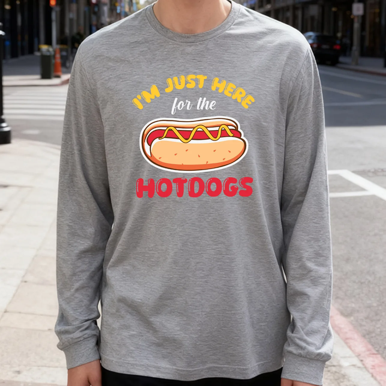 I'M Just Here for the Hotdogs Men's Long Sleeve Tee 100% Cotton 180g Crew Neck Casual Daily Style Soft and Breathable