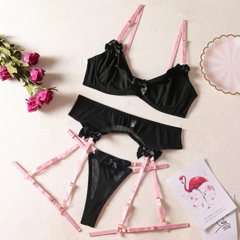 ชุดนอนเซ็กซี่สีจับคู่แหวนขา Underwire Bra Thong Garter Bow ชุดชั้นในเซ็กซี่สามชิ้นชุดสตรีชุดนอนชุดชั้นใน