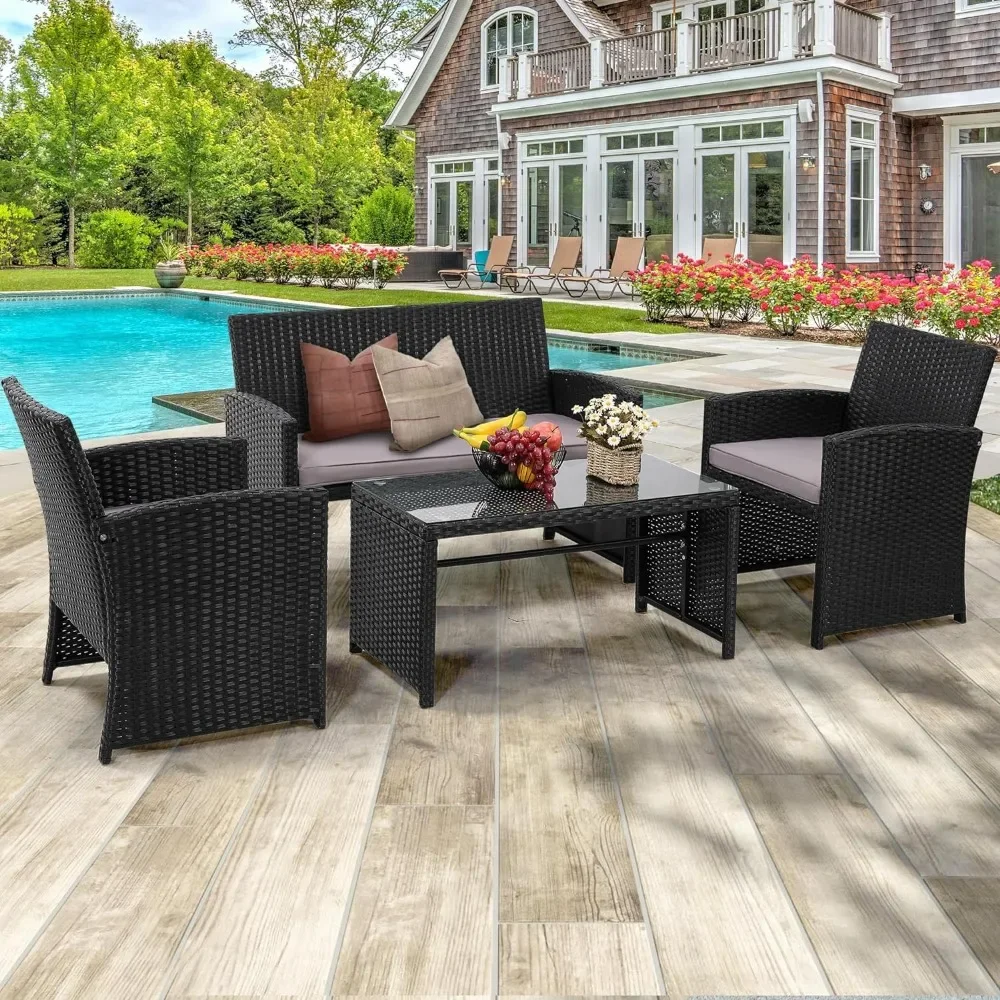 4-piece Patio dialogue set, wicker sofa, ideal choice for garden, porch, and backyard, new black rattan and black cushion