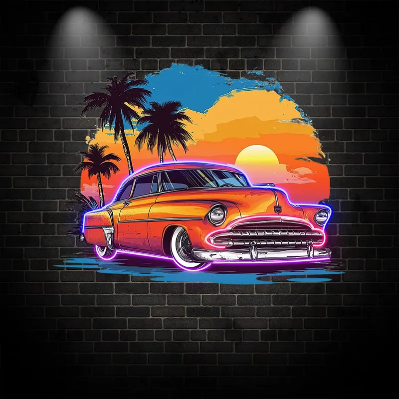 Retro Car Neon Sign, Car Led Neon Light, Sunset Neon Art Home Decor, Wall Picture Hanging, Gift for Car Guys, Living Room Decor