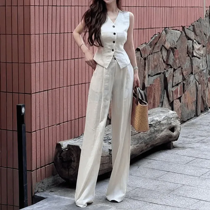 

New In Matching Sets Sports Suit Women Tracksuit Lightweight Linen Suit Pants Sets Minimalist Business Sleeveless Two Pieces Set