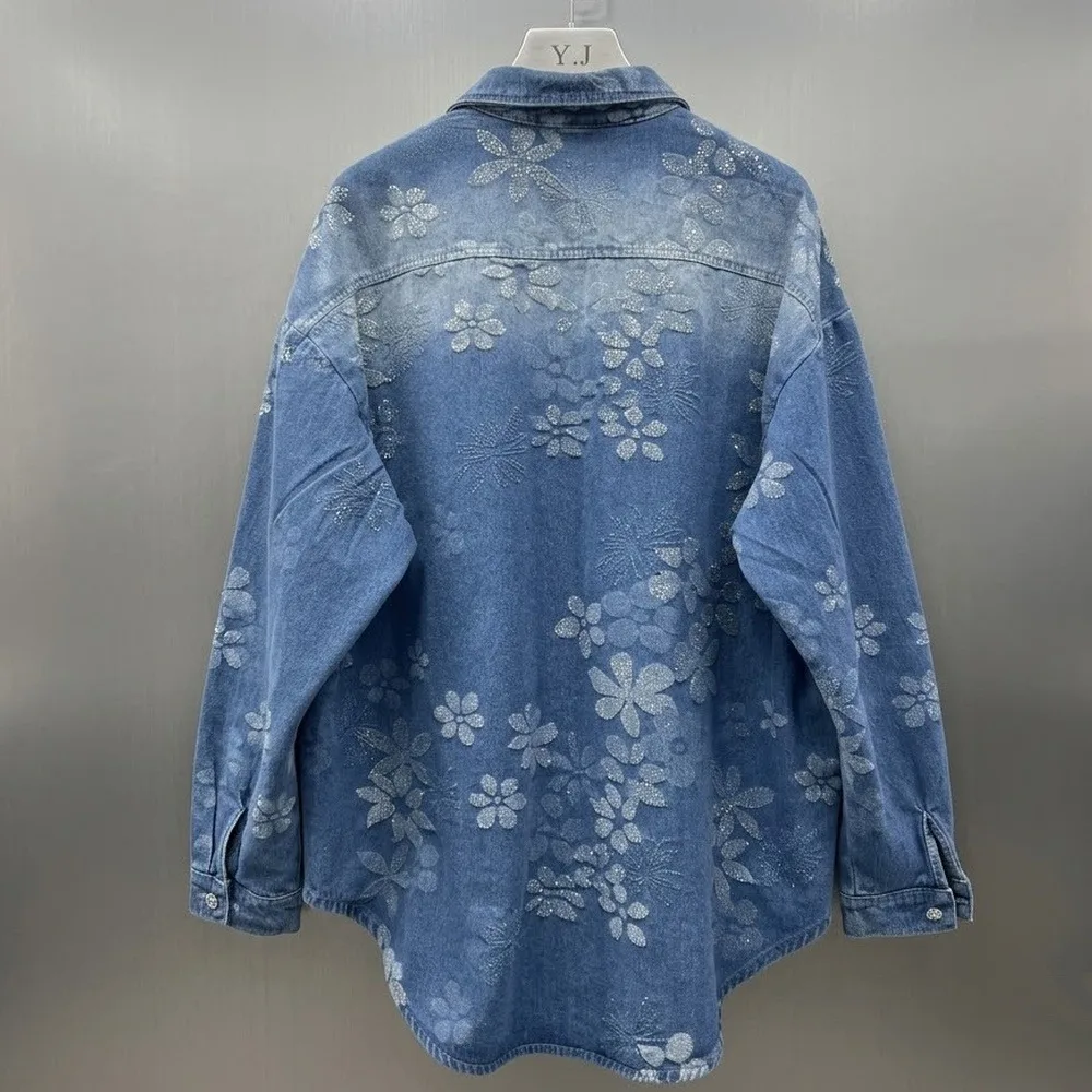 SuperAen 2026 Spring New Korean Style Diamonds Flower Plaid Long-Sleeved Denim Shirt Coat Women's Loose Casual Tops