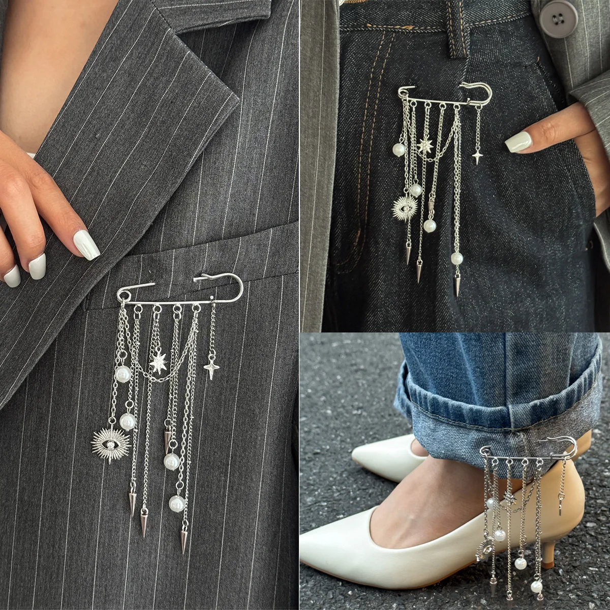 Fashion Evil Eye Pearl Brooch Detachable Tassel Fixed Clothes Pin Waist Buckle Button Clasps Trouser Leg Decorative