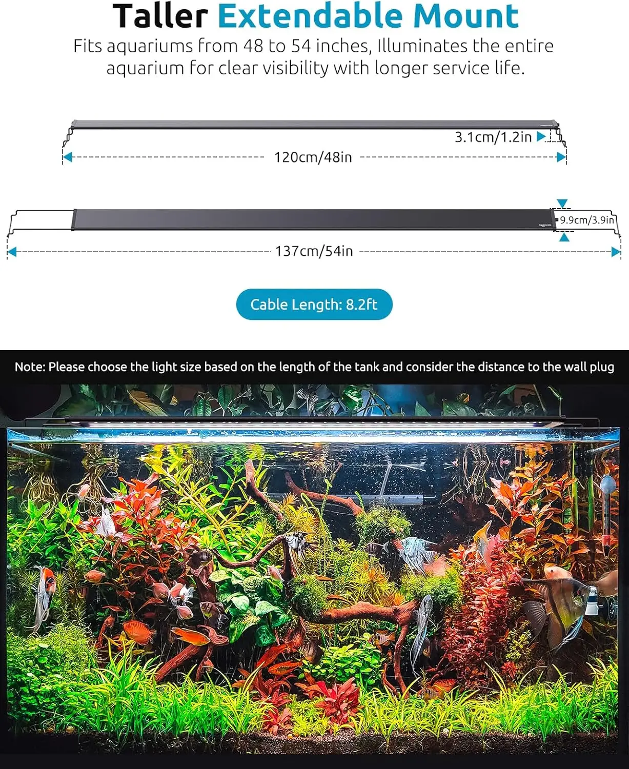 Full Spectrum Aquarium Plant Light with Timer, 48-54in LED, 7 Rows 8 Colors, Adjustable Brightness for Freshwater