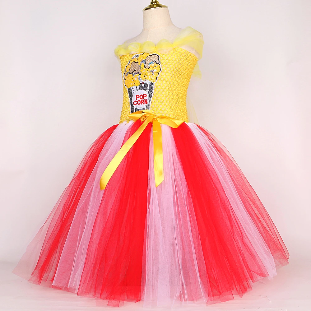 Red Yellow Popcorn Long Dresses for Girls Birthday Party Halloween Costumes Kids Christmas Tutus Performance Outfit with Big Bow