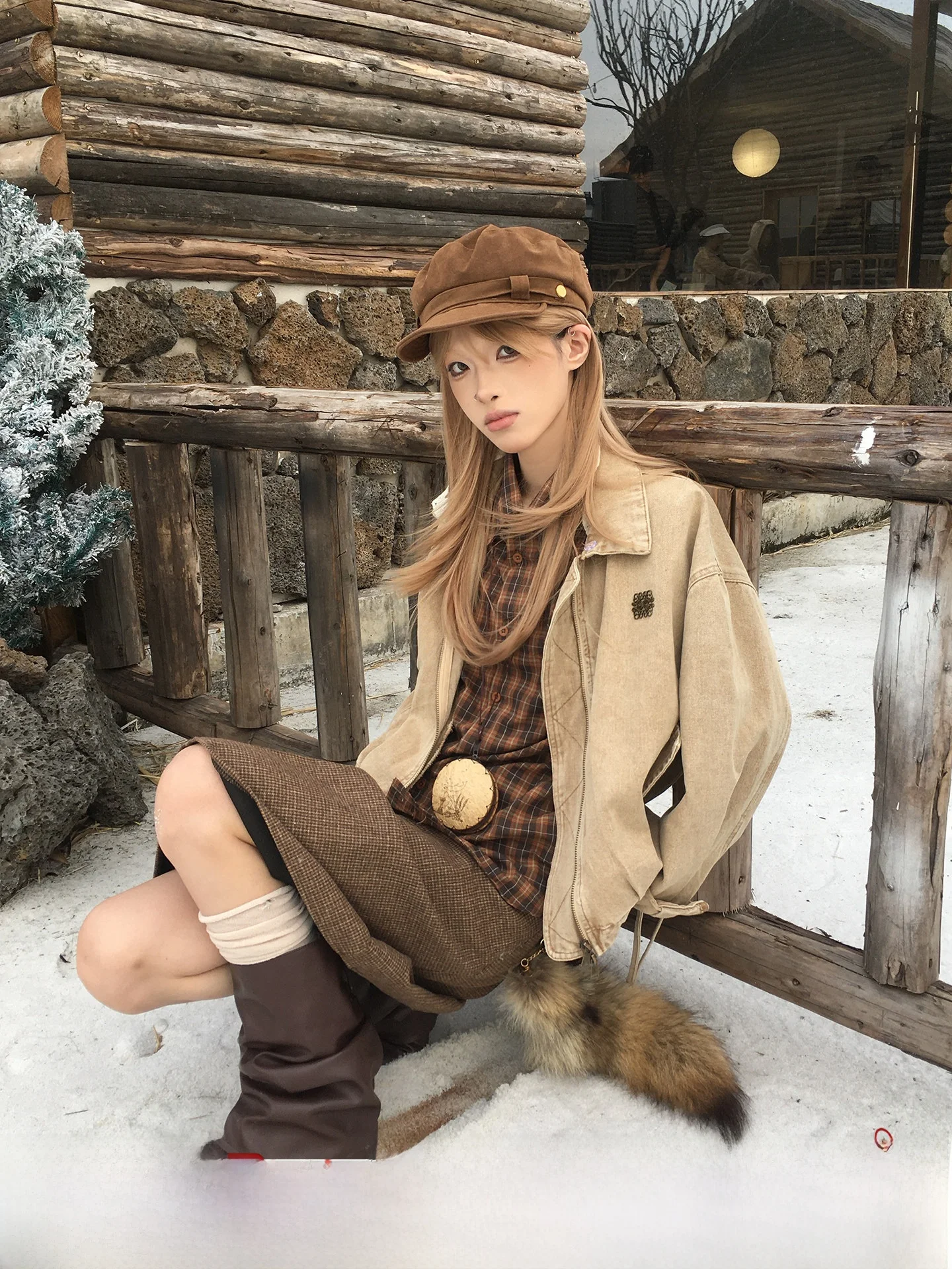 

Retro American Denim Jaet Women's Khaki Street Sle ort Coat Fall Winter Faion Small Size Trendy Bubble Pine Oil