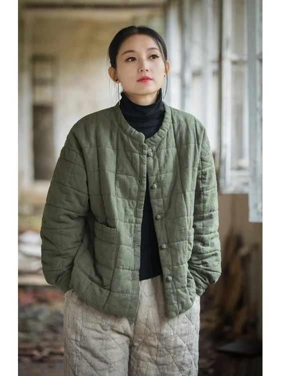 معطف شتوي نسائي من القطن Sle Zen بتصميم كلاسيكي مع خياطة مربعة من القطن والكتان للتنقل العرقي