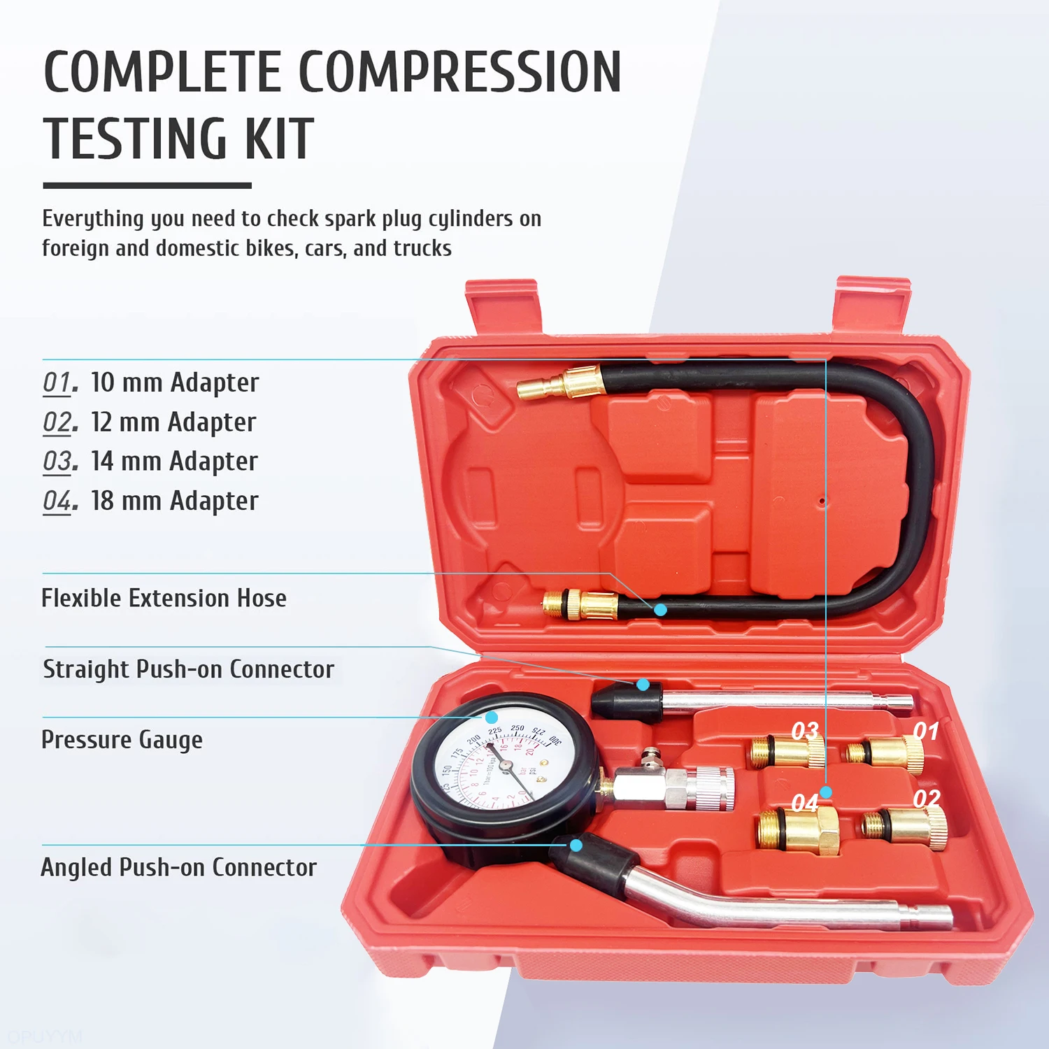 Gasoline Engine Compression Meter with M10 M12 M14 M18 Adapter 0-300 PSI Pressure Gauge Automotive Cylinder Tester Kit