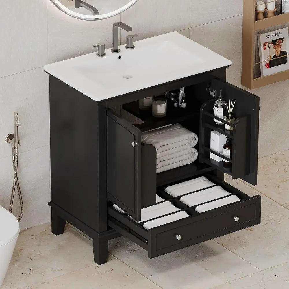 

Тумба для ванной 30 дюймов с раковиной скрытого монтажа, полкой для хранения, многофункциональным разделителем, плавно закрывающимися дверцами, черная