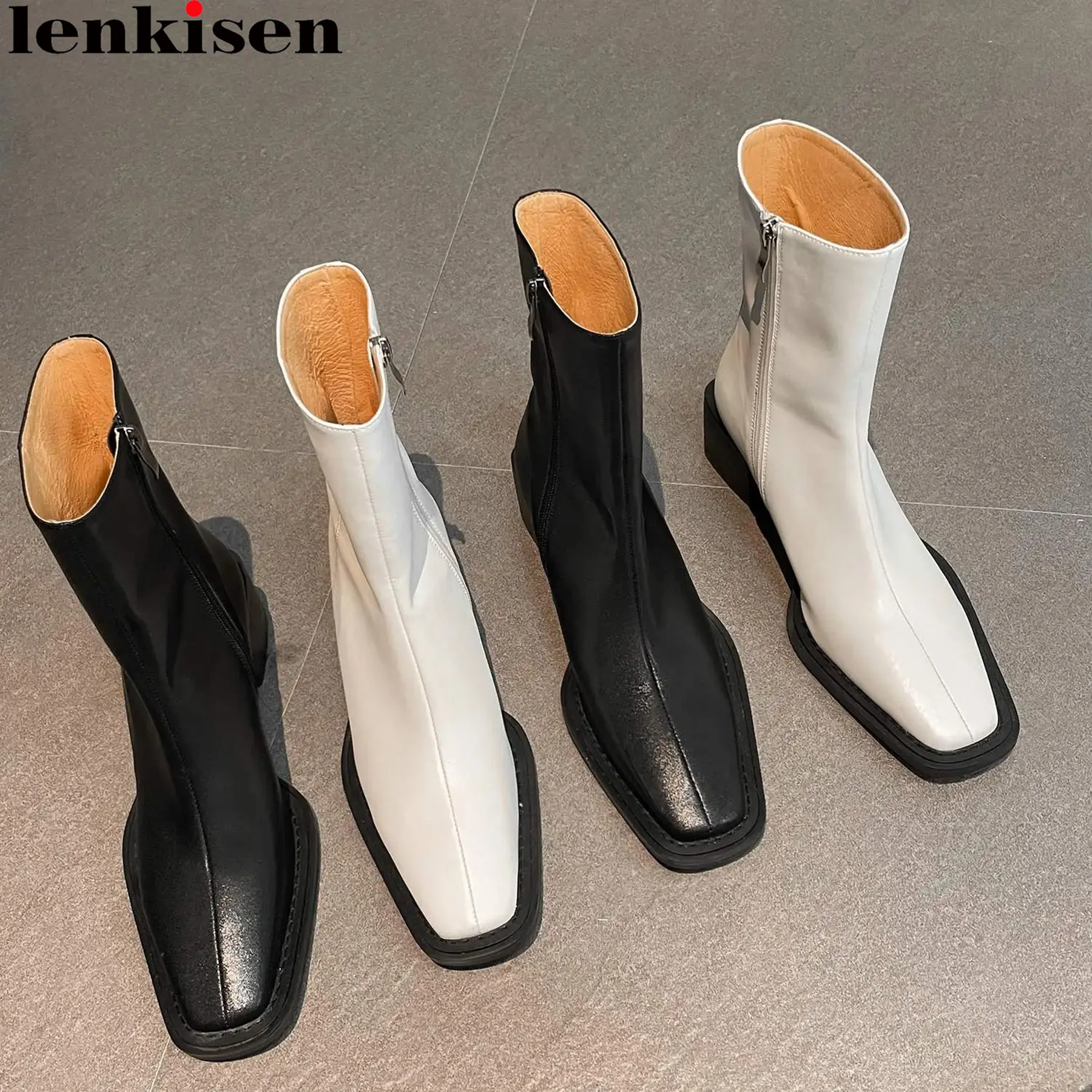 

Lenkisen Cow Leather Chunky High Heels Modern Motorcycles Boots Casual Winter Fall Brand Zip Dress Concise Women Mid-calf Boots