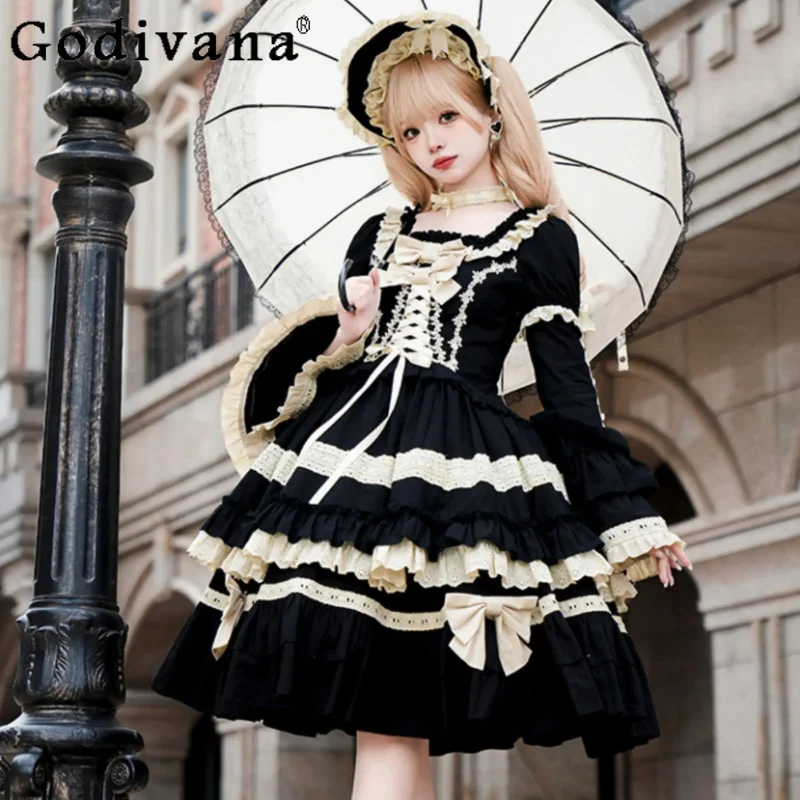 Elegant Square Neck Short Sleeve Sweet Party Lolita Dress Fashion Versatile Age Reduction Black High Waist Princess Cake Dresses