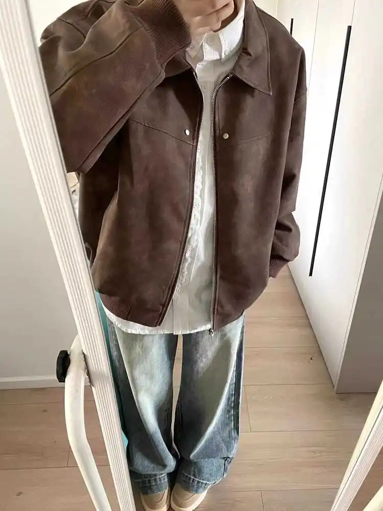 

Spring Autumn ort Sle Leather Jaet Reversible Collar Motorcycle Pui Material ex Vintage American Sle Youth Faion