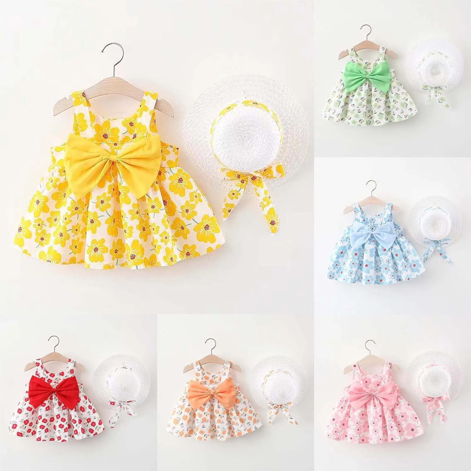 

New Summer Girl Dress Sweet Sleeveless Small Flower Print Big Bow Cotton Cloth Dress Set of 2 Suitable for 0-3 Years Old