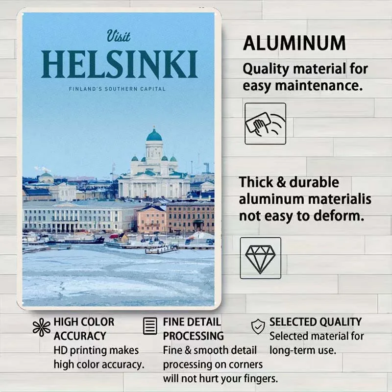 Visit Helsinki Tinplate Sign Travel Poster Bedroom Decoration Retro Metal Sign for Wall Art Decoration Vintage Decor Coffee Bar