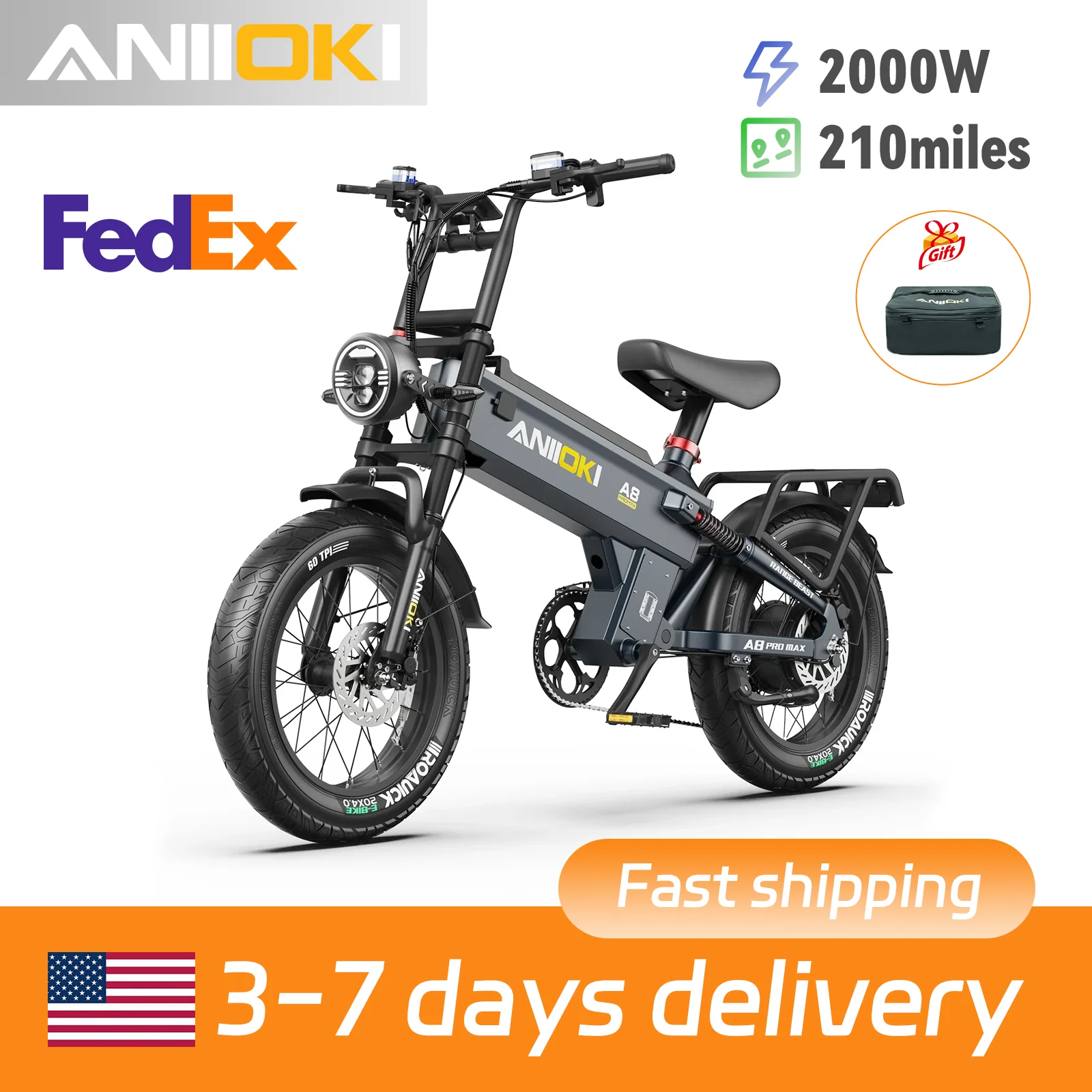 

2000W Peak Motor aniioki ebike 52V 70Ah battery Electric Bike 32mph 20"*4" Fat Tires Long battery life Adult Electric Bicycle