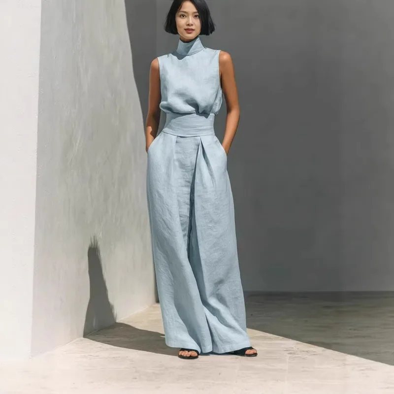 

Women Casual Outfit 2026 Spring Summer Cotton Linen Sleeveless Pants Set