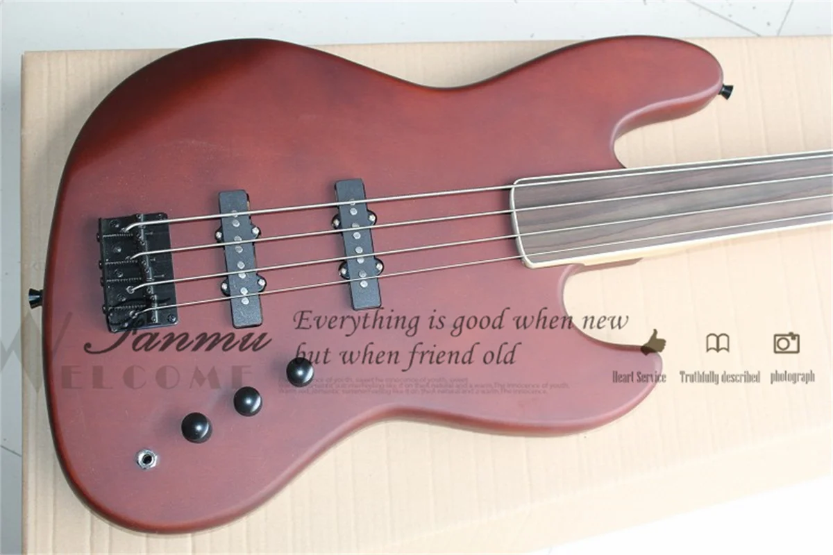 Fretless Bass Guitar 4 Strings Matte Brown Bass Mahogany Body Maple Neck Rosewood Fingerboard Black tuners