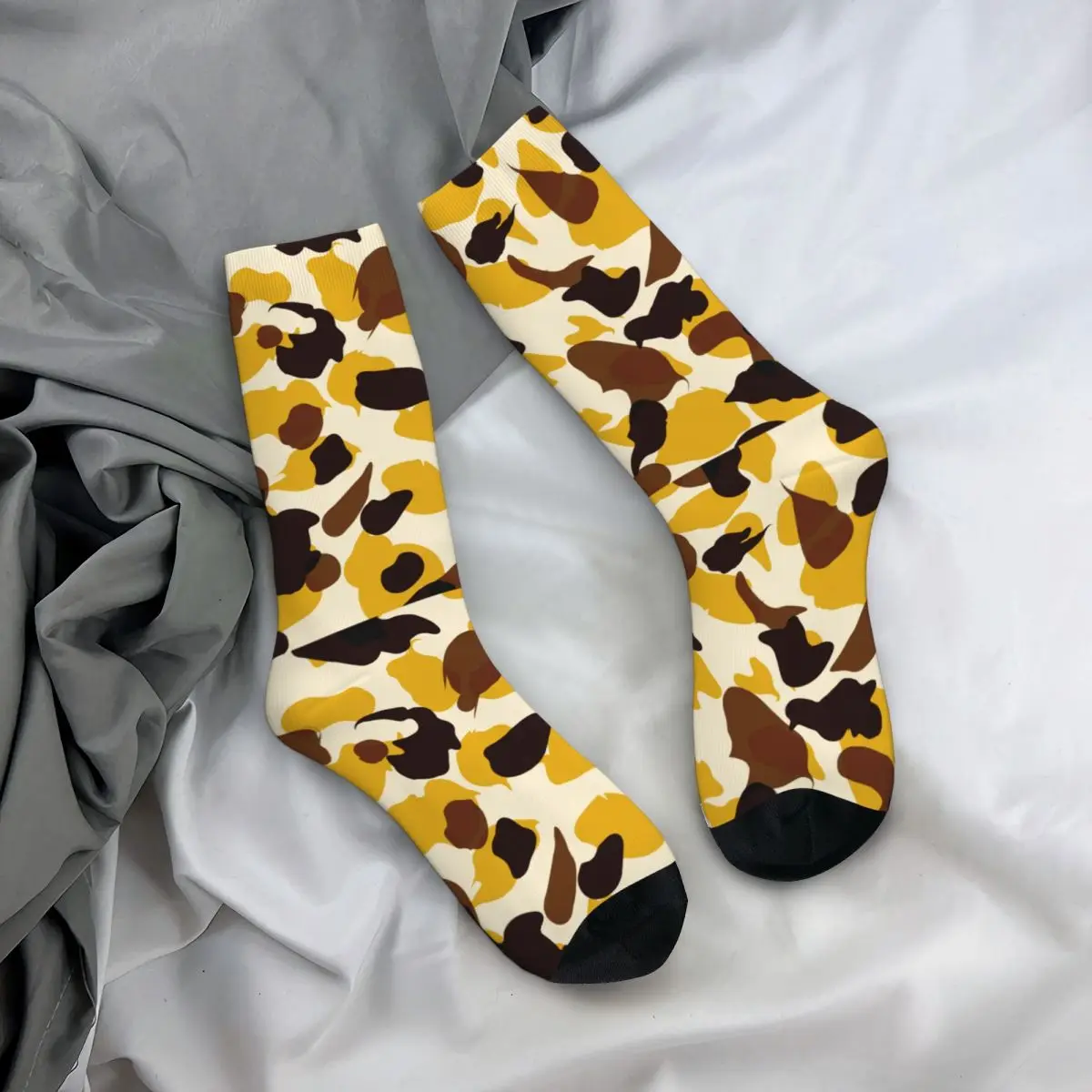 Male Camouflage Yellow Socks Comfortable Casual Socks Novelty Merch Middle TubeCrew Socks Birthday Present