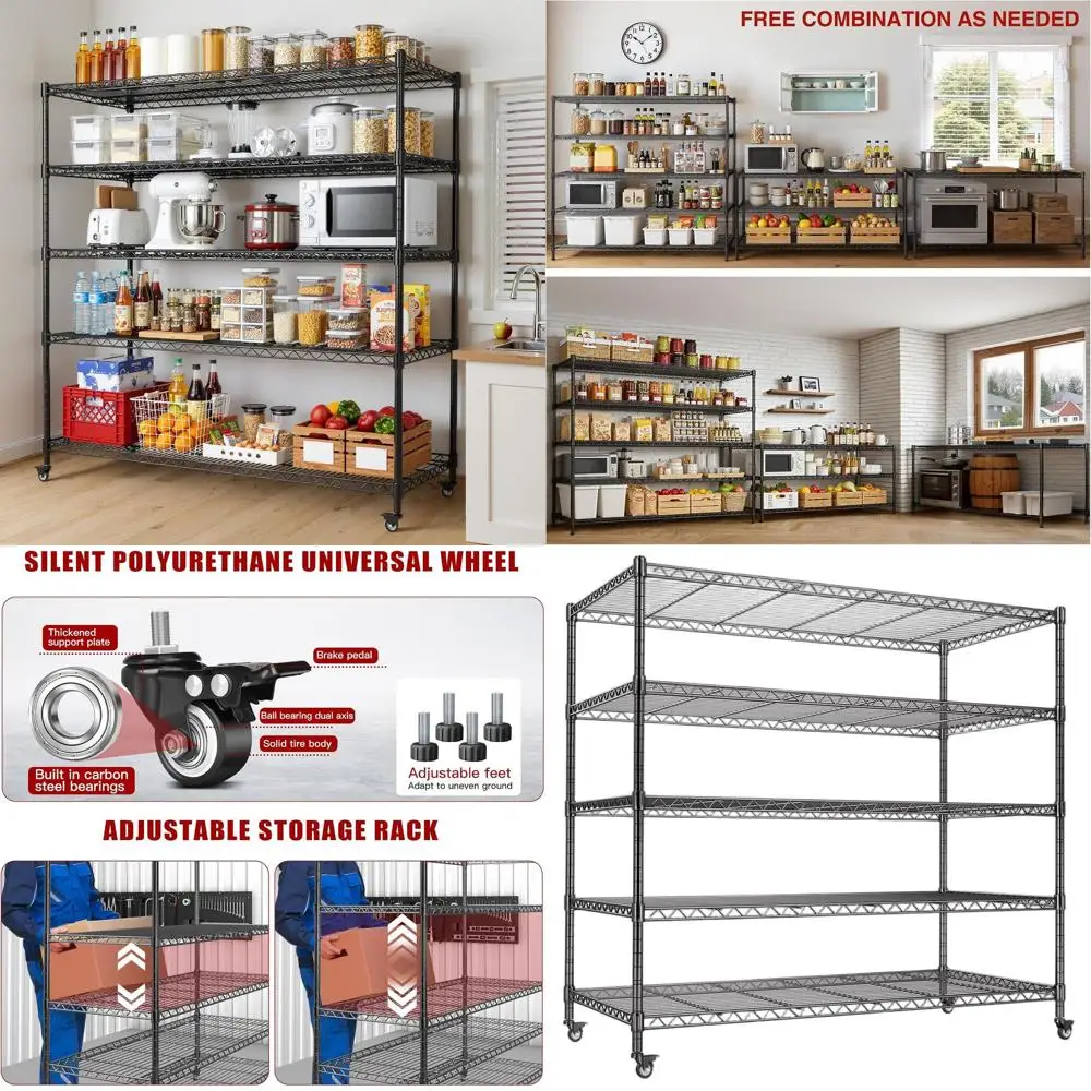 

48-секционный сверхпрочный 5-ярусный металлический стеллаж | Грузоподъемность 3200 фунтов | Гаражное хранилище на колесах | Регулируемые полки | 48x24x72