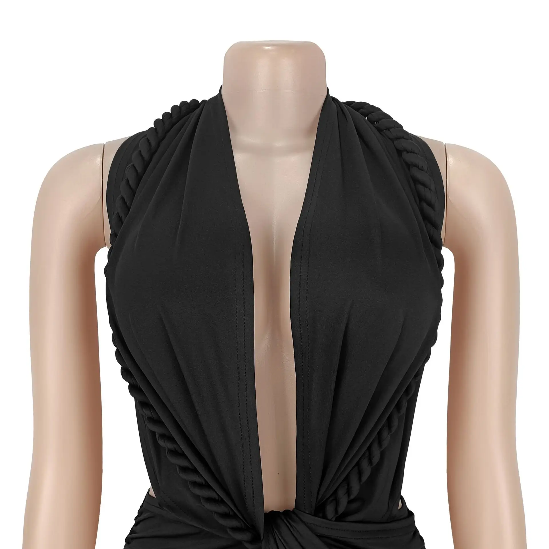 2026 Neues Damen Geflochtenes Wickelkleid mit Neckholder, Tiefem Ausschnitt und Rückenausschnitt, Sexy Geballtes Minikleid mit V-Ausschnitt für Geburtstag und Clubwear – Detail 11