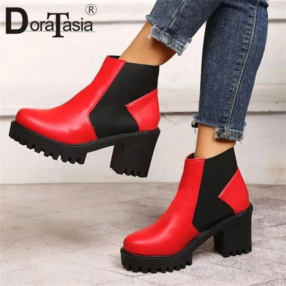 

Brand New Ladies Platform Booties Fashion Patchwork Mixed Colors Thick High Heels women's Ankle Boots Party Office Woman Shoes