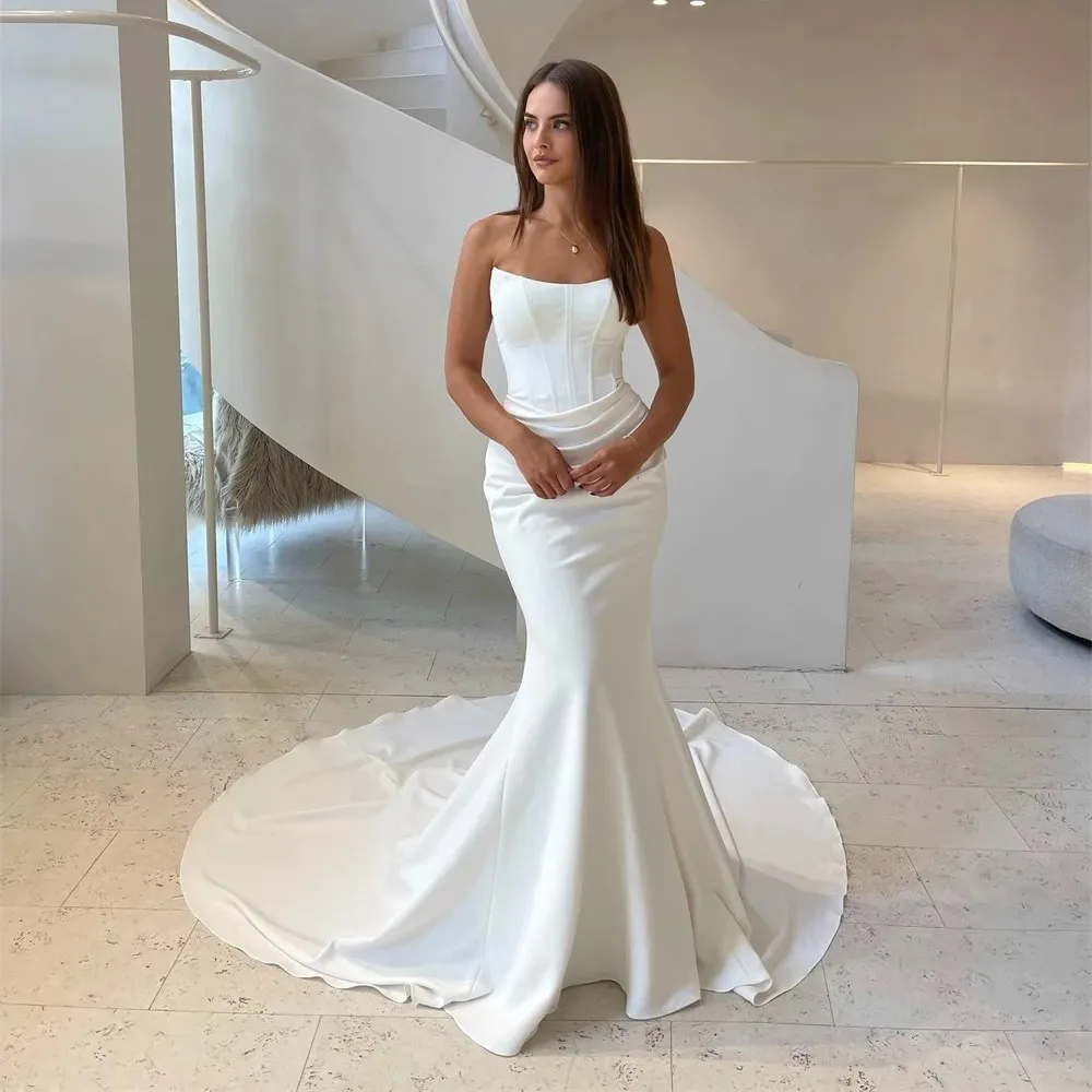 Simples clássico sereia vestido de casamento 2026 sem alças plissados cetim varredura trem noiva vestidos de noiva
