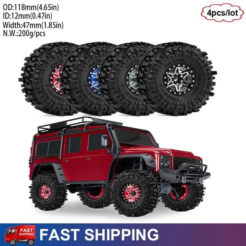 

Комплект из 4 металлических шин и дисков 1.9 дюйма для радиоуправляемых краулеров (грязевые шины и колесные диски) для моделей 1/10 Traxxas SCX10 TRX4 TRX6 90046 D90 D110 YK, запчасти для тюнинга