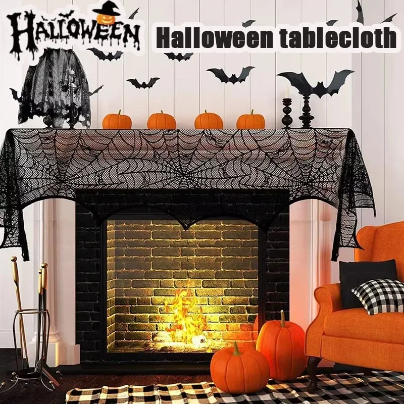 1 Set Halloween Black Lace Tablecloth Bat Cobweb Mantelpiece Cloth Family Table Cover Festive Household Party Decoration