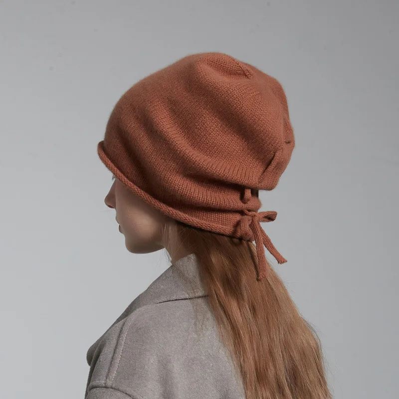 Slouchy Drawstring Beanie Wool Knitted Bonnet Winter Hat Women