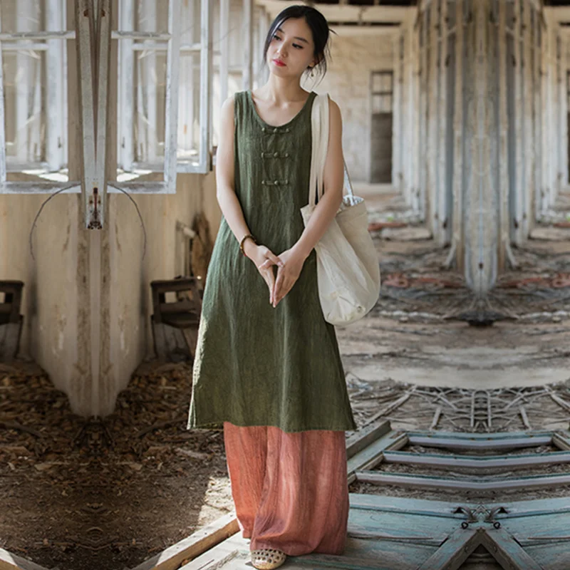 Sleeveless Dress Long-Length Literature and Art Retro Spring Summer  Cotton and Linen Loose Thin National Style