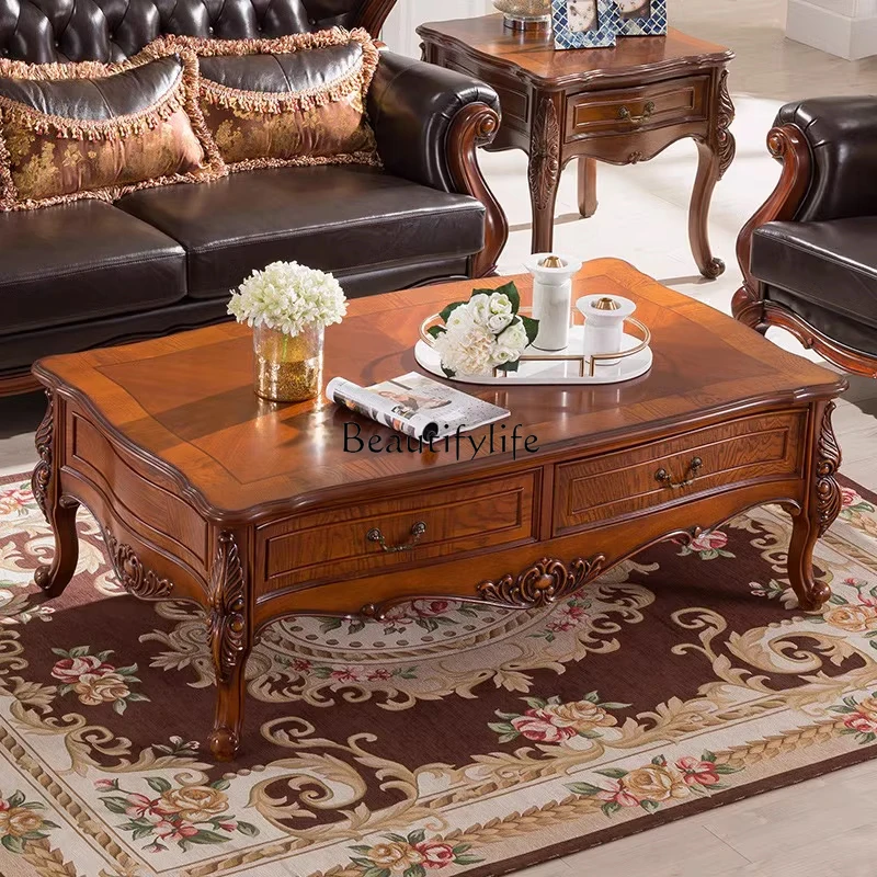 

z.American solid wood coffee table household living room rectangular storage carved large tea table